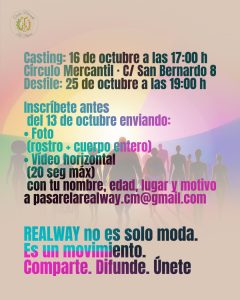 Cartel de la Pasarela Diversa REALWAY en el Círculo Mercantil de Las Palmas GC con la frase “¿Y si la moda no tuviera tallas, ni edades, ni etiquetas?”.