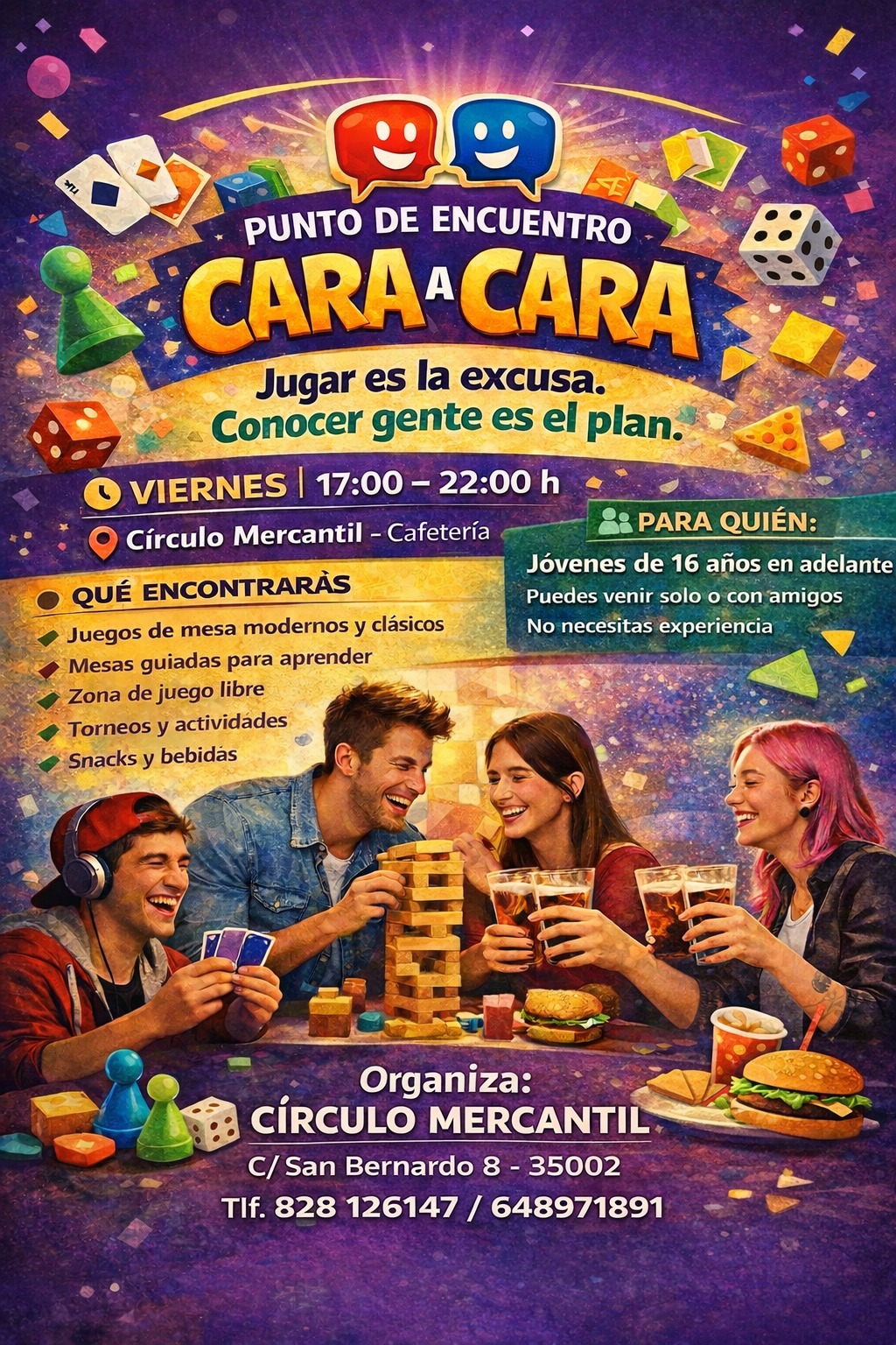 cara a cara evento cultural ocio juvenil de juegos de mesa en el circulo mercantil de las palmas para fomentar socializacion.